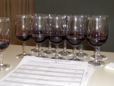Calici pronti per una degustazione di vino rosso